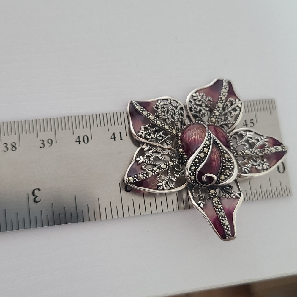 Vintage Boho Sterling Silver Marcasite Crystal Enamel Orchid Flower Brooch Pin - Picture 9 of 9